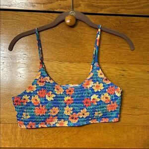 Floral Smocked Bikini Top Blue Orange Yellow Adjustable Straps Size‎ L
